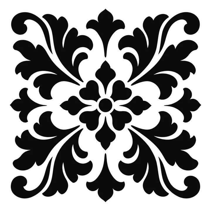 Floral tile motif black and white stencil
